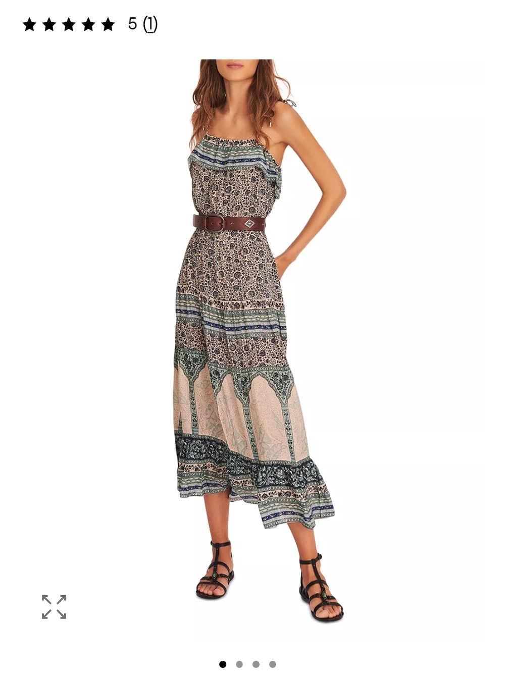 Ba&sh Teresa Printed Spaghetti Strap Midi Dress in Beige and Green Sz 2/Sm US